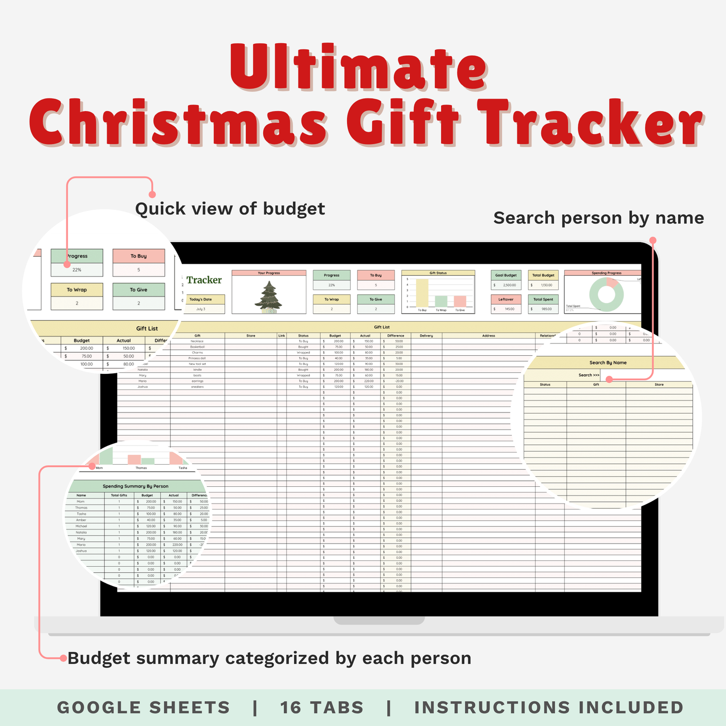 Ultimate Christmas Planner Google Sheet – Digital Holiday Organizer for Gifts, Budget, Cards & More
