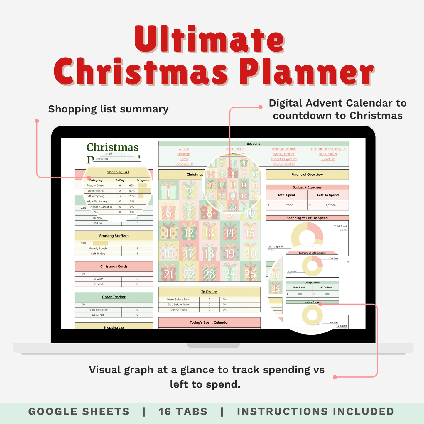 Ultimate Christmas Planner Google Sheet – Digital Holiday Organizer for Gifts, Budget, Cards & More