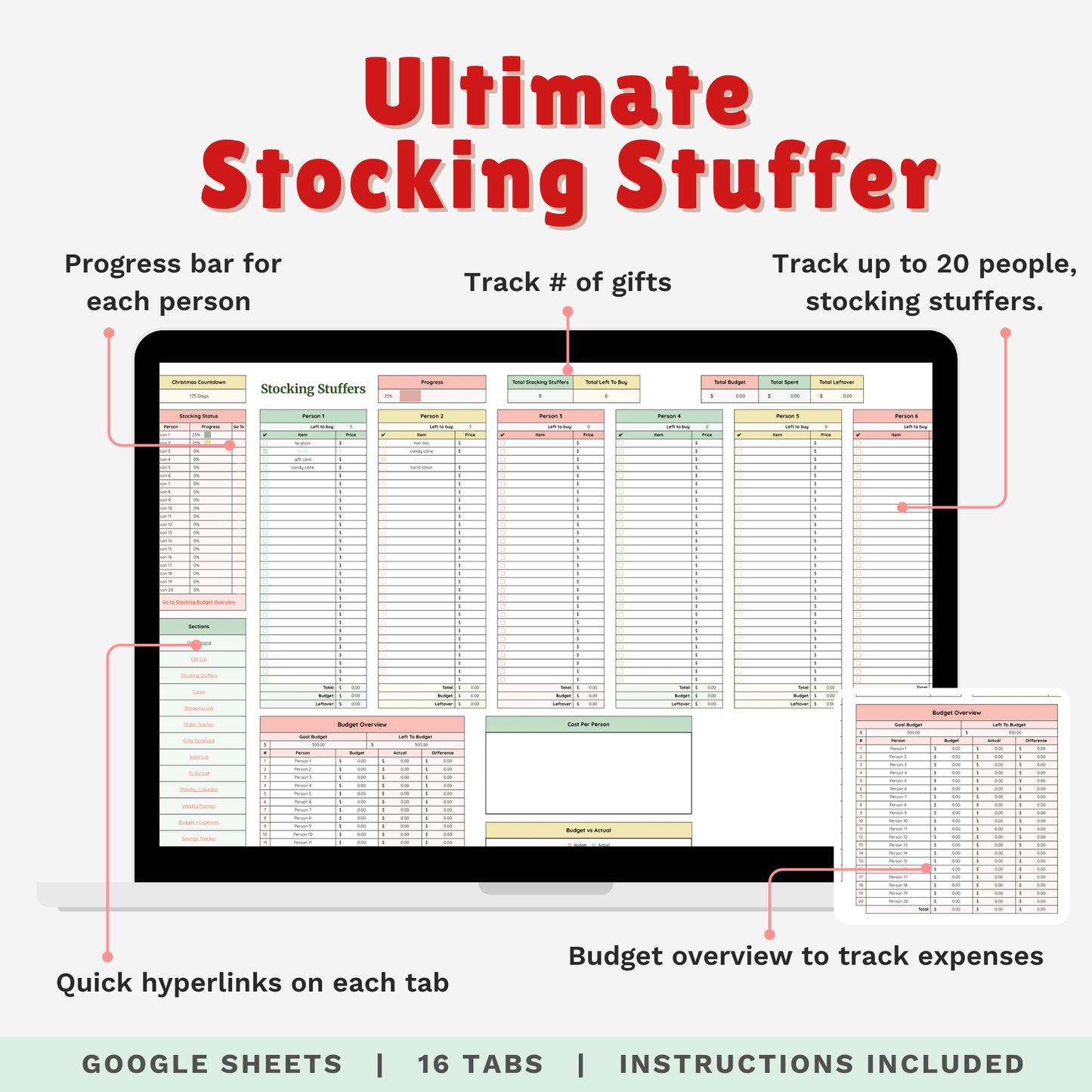 Ultimate Christmas Planner Google Sheet – Digital Holiday Organizer for Gifts, Budget, Cards & More