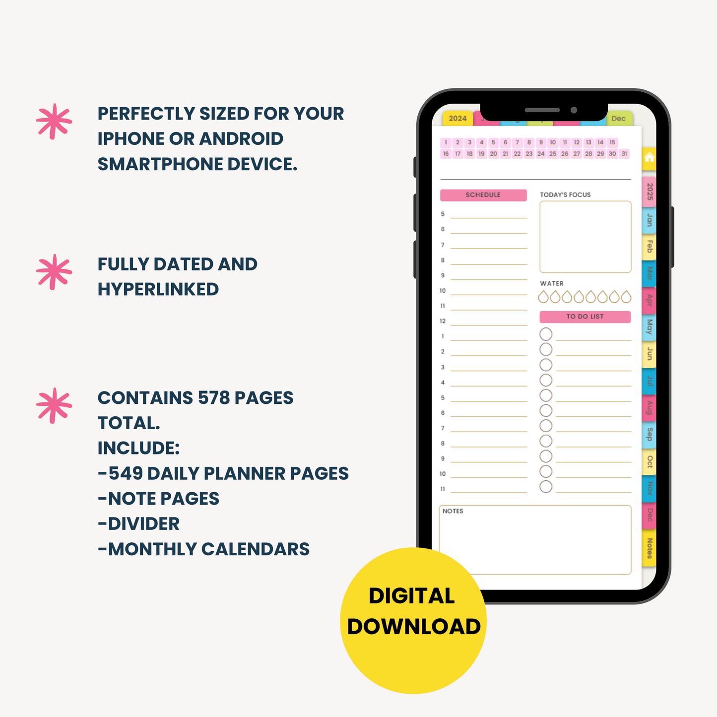 Boho Rainbow 18-Month Digital Planner for Smartphones, July 2024 - December 2025