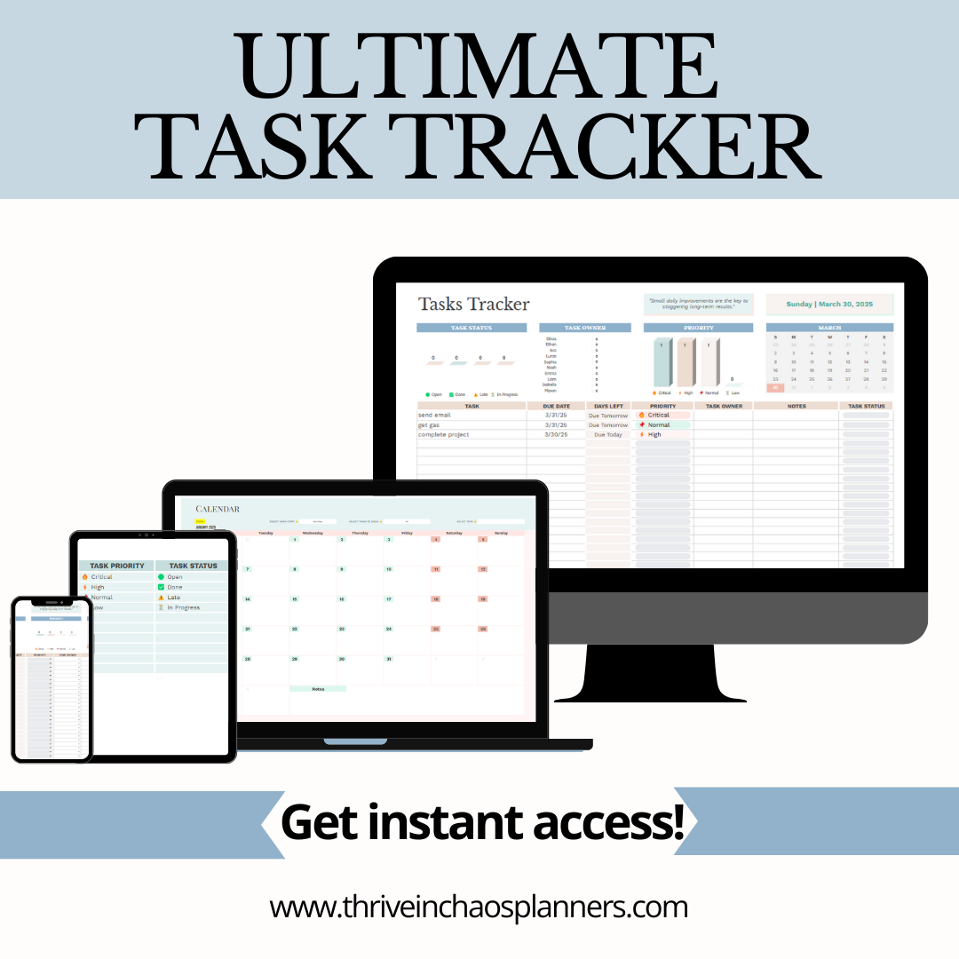 Ultimate Task Tracker + Monthly Calendar Spreadsheet – Thrive In Chaos ...