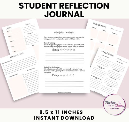 Printable Reflection Journal for Students: Journal Prompts & Undated Monthly Calendar