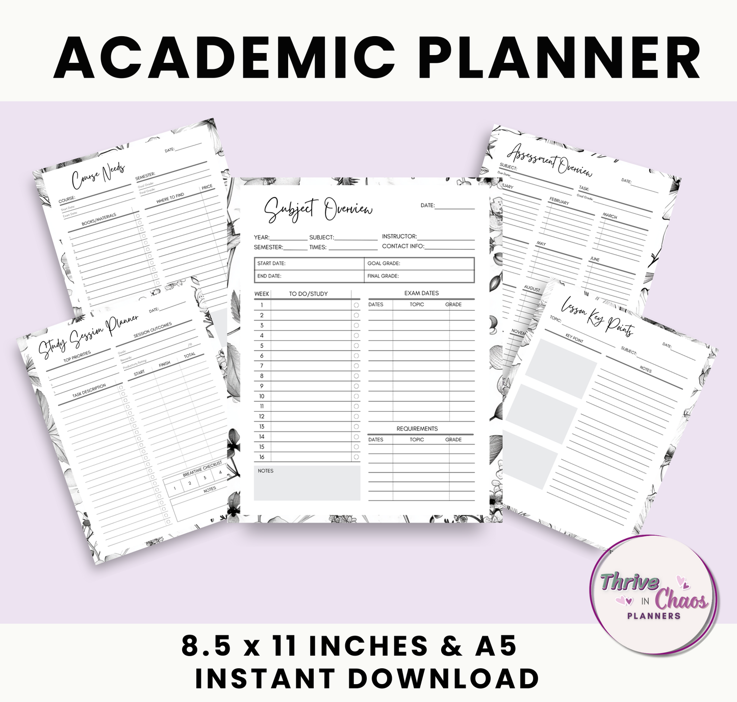 Printable Academic Planner 2025-2026: US Letter & A5 Size