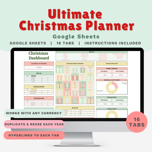 Ultimate Christmas Planner Google Sheet – Digital Holiday Organizer for Gifts, Budget, Cards & More