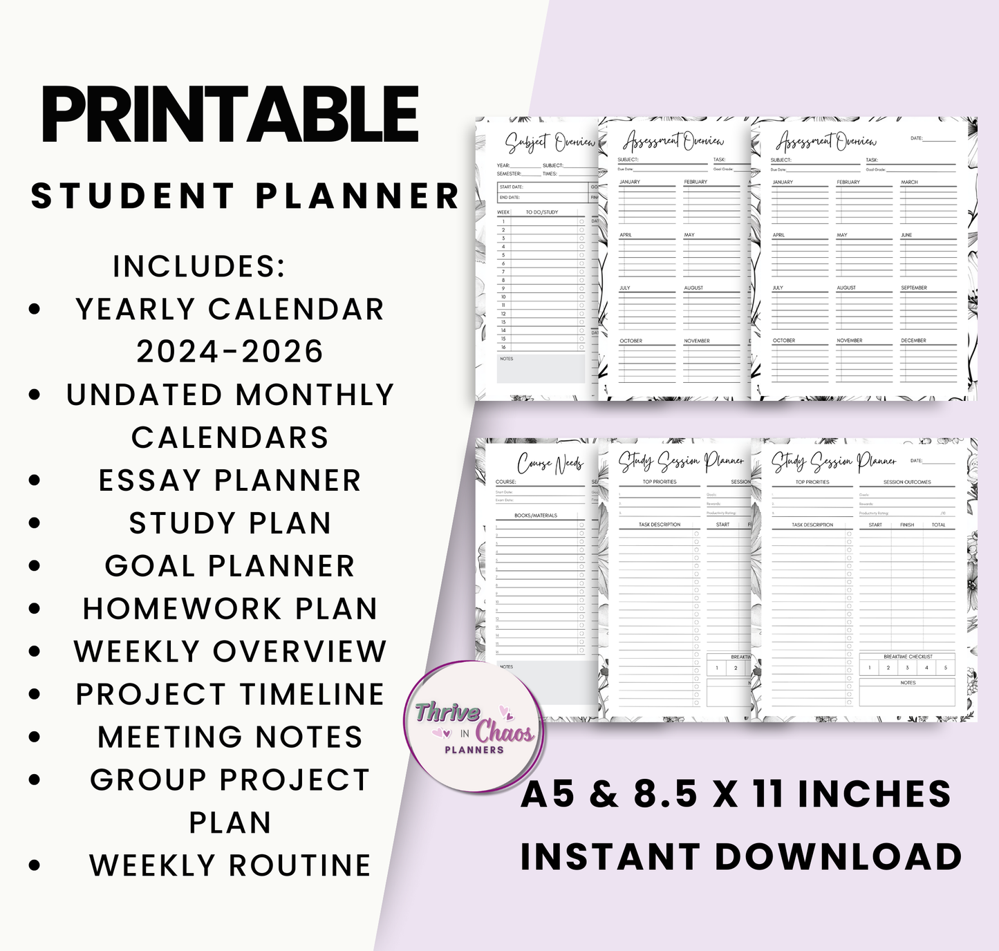 Printable Academic Planner 2025-2026: US Letter & A5 Size