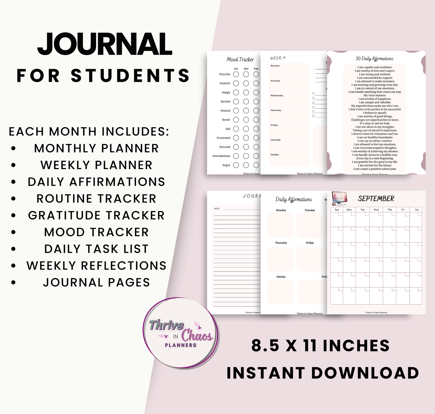 Printable Reflection Journal for Students: Journal Prompts & Undated Monthly Calendar