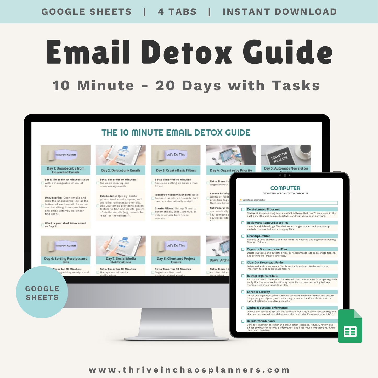 10-Minute Email Detox Spreadsheet – Digital Decluttering System + Bonus Checklists