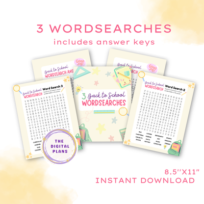 Back to School Word Search Printable Set for Kids