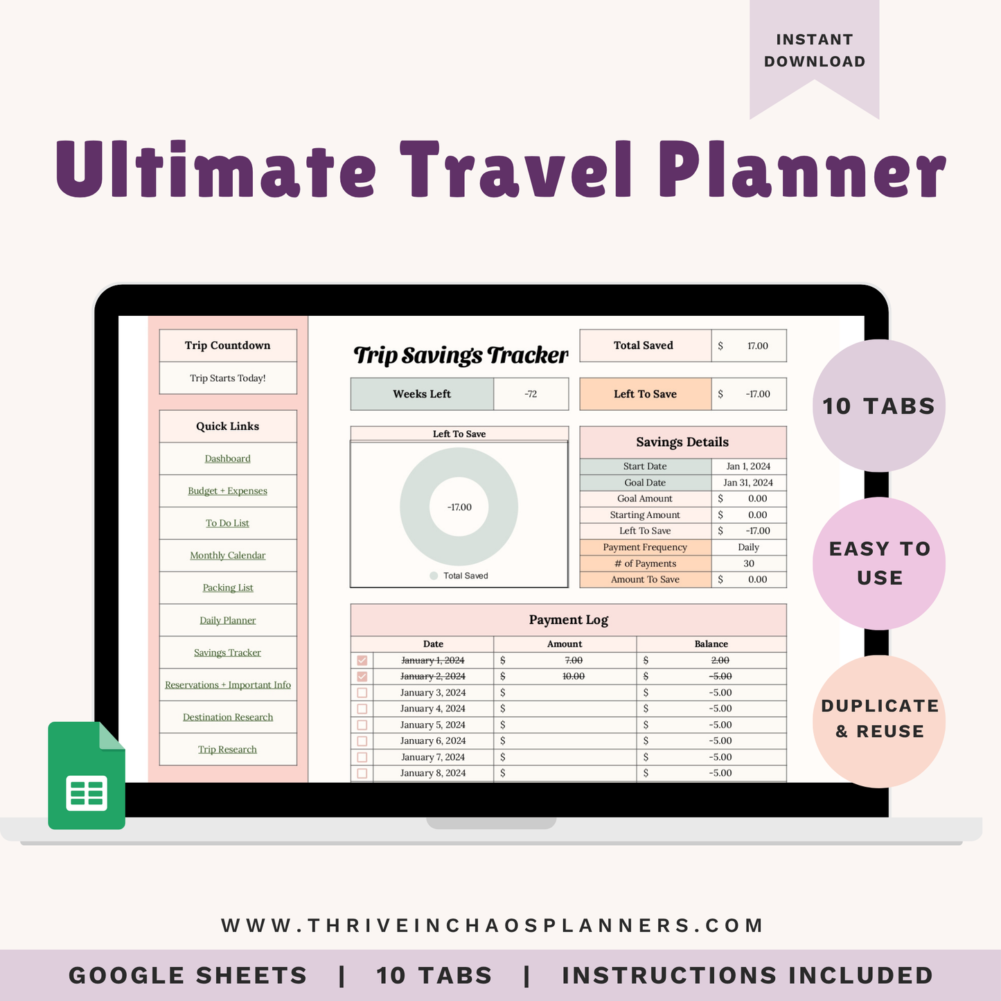 Ultimate Travel Planner Spreadsheet – Digital Google Sheets Trip Organizer & Budget Tracker