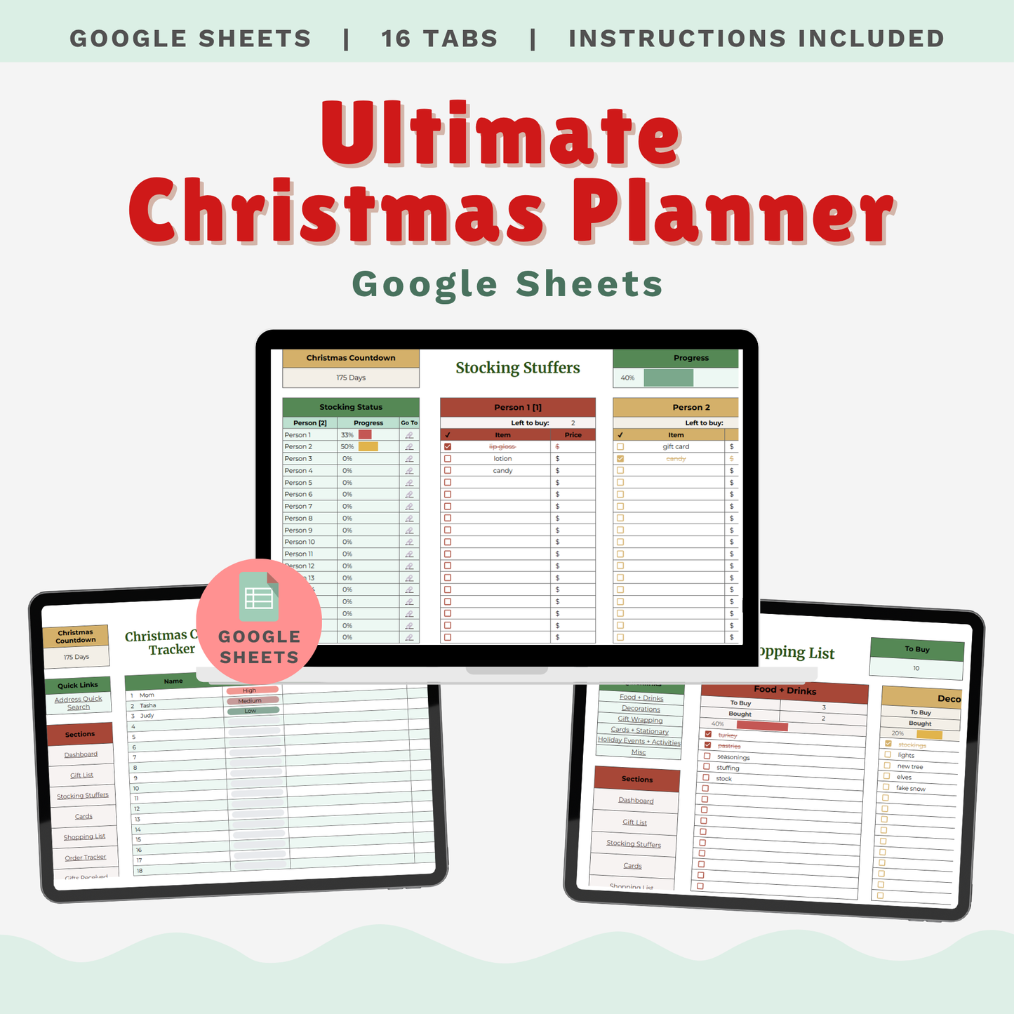 Ultimate Christmas Planner Google Sheet – Digital Holiday Organizer for Gifts, Budget, Cards & More