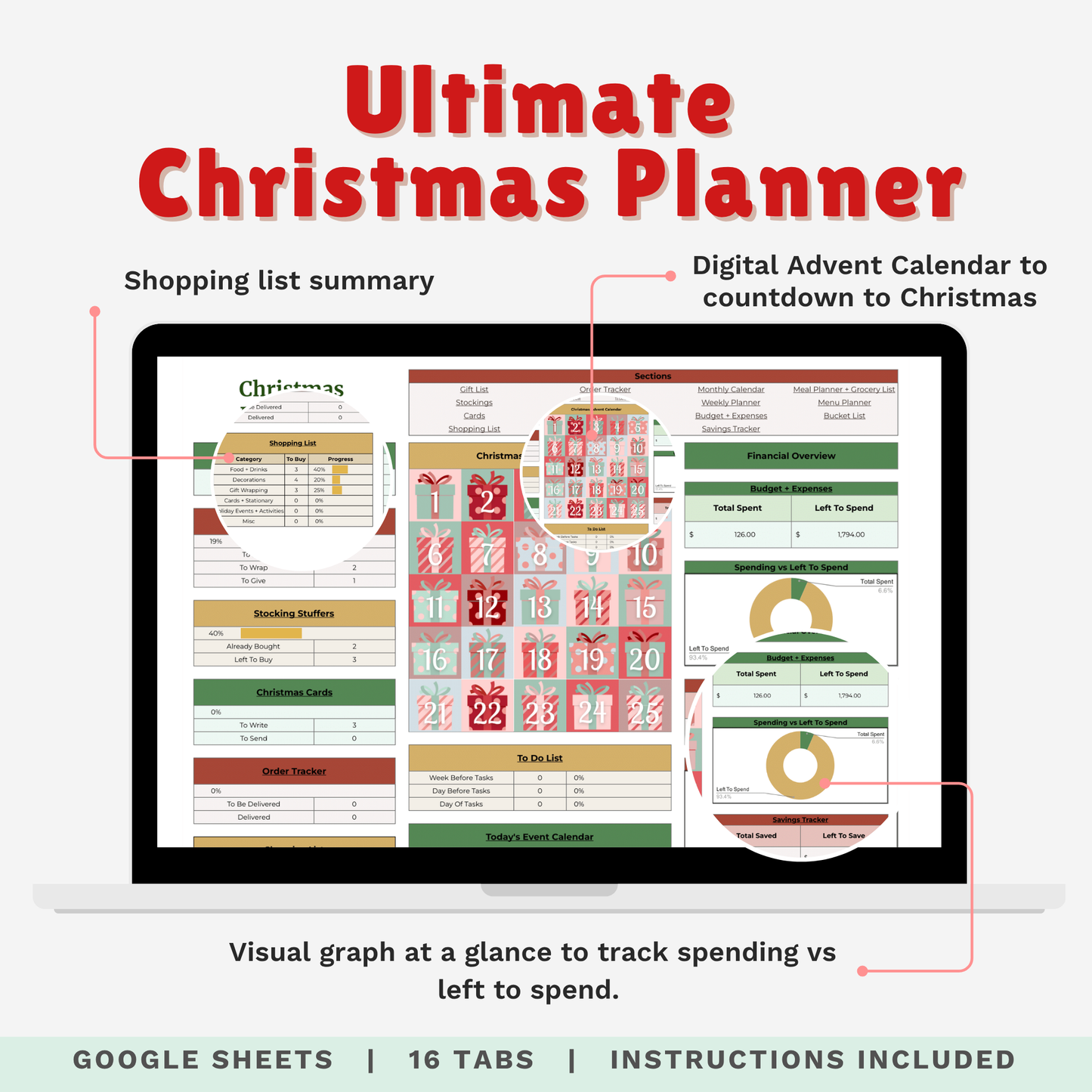 Ultimate Christmas Planner Google Sheet – Digital Holiday Organizer for Gifts, Budget, Cards & More