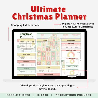 Ultimate Christmas Planner Google Sheet – Digital Holiday Organizer for Gifts, Budget, Cards & More