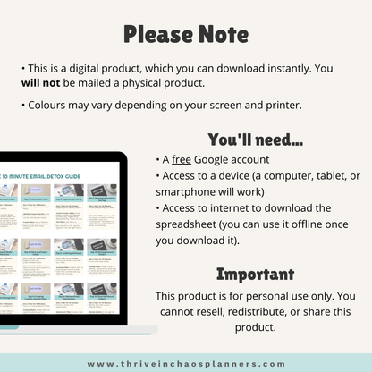 10-Minute Email Detox Spreadsheet – Digital Decluttering System + Bonus Checklists