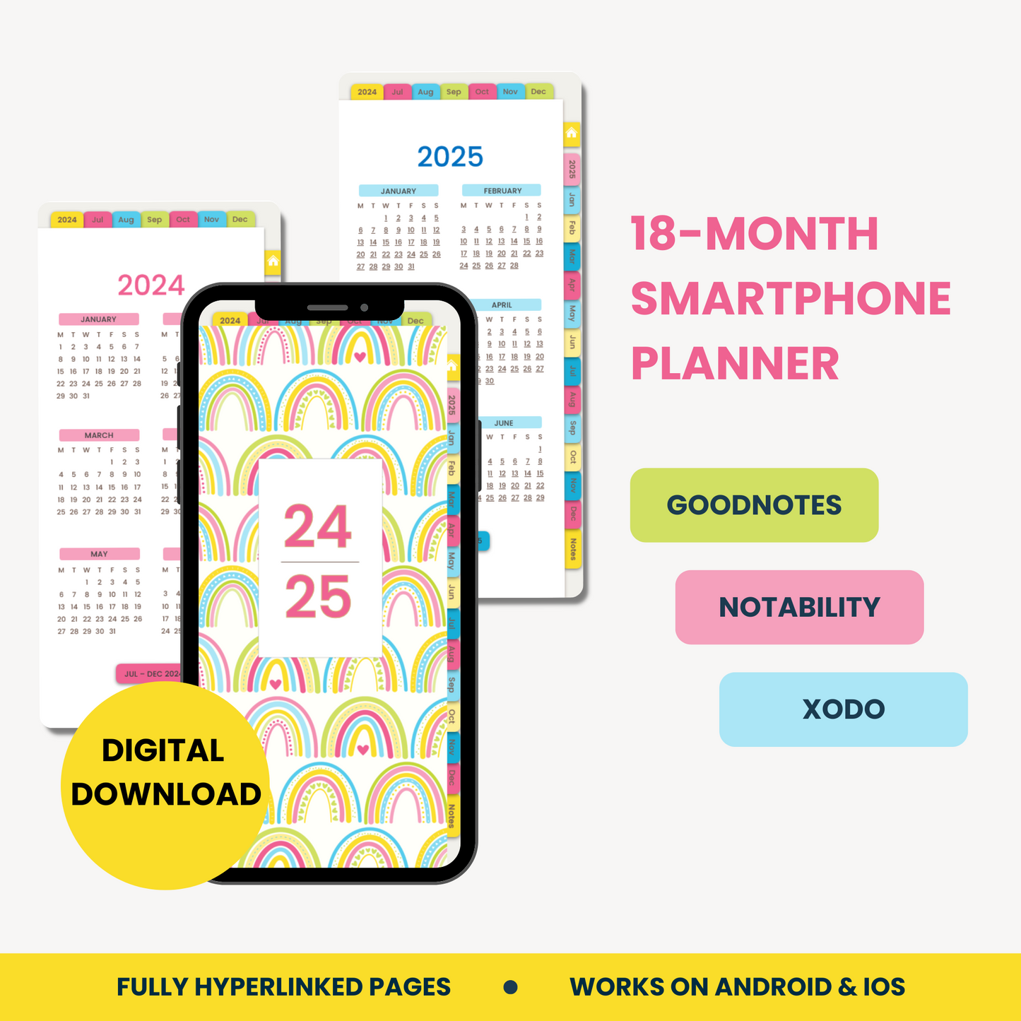 Boho Rainbow 18-Month Digital Planner for Smartphones, July 2024 - December 2025