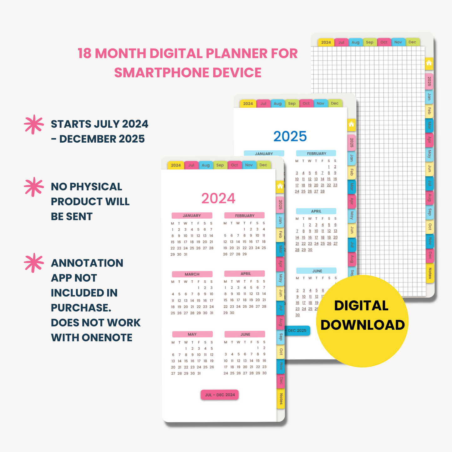 Boho Rainbow 18-Month Digital Planner for Smartphones, July 2024 - December 2025