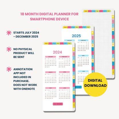 Boho Rainbow 18-Month Digital Planner for Smartphones, July 2024 - December 2025