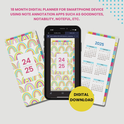 Boho Rainbow 18-Month Digital Planner for Smartphones, July 2024 - December 2025